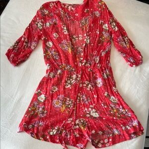 Spell Red Floral Button-Front Short Jumpsuit Romper M adjustable bottoms